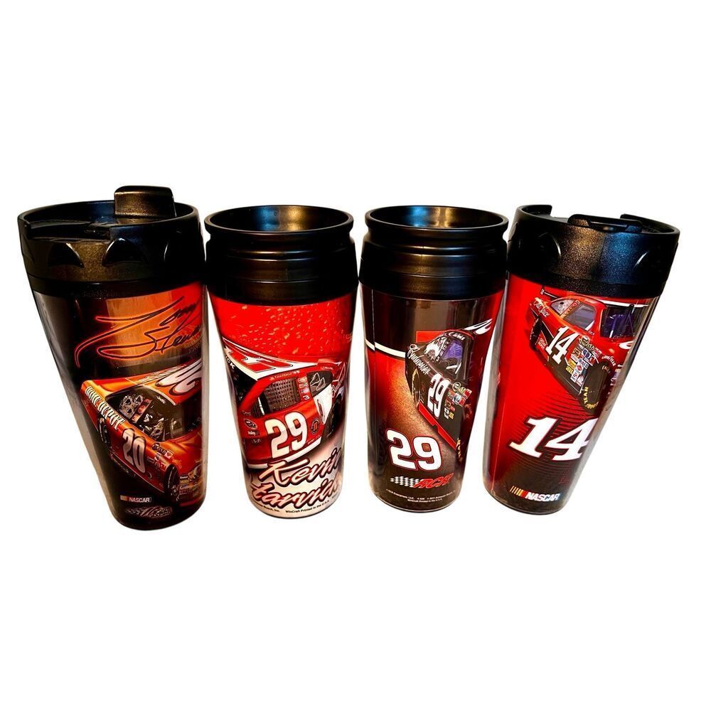 Set of 4 NASCAR-Themed Collectible Travel Mugs Tony Stewart & Kevin Harwick NEW